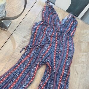 Band of Gypsies Navy and Coral Patterned Halter Jumpsuit